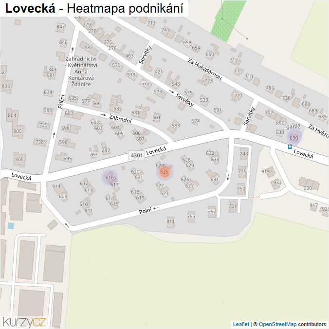 Mapa Lovecká - Firmy v ulici.
