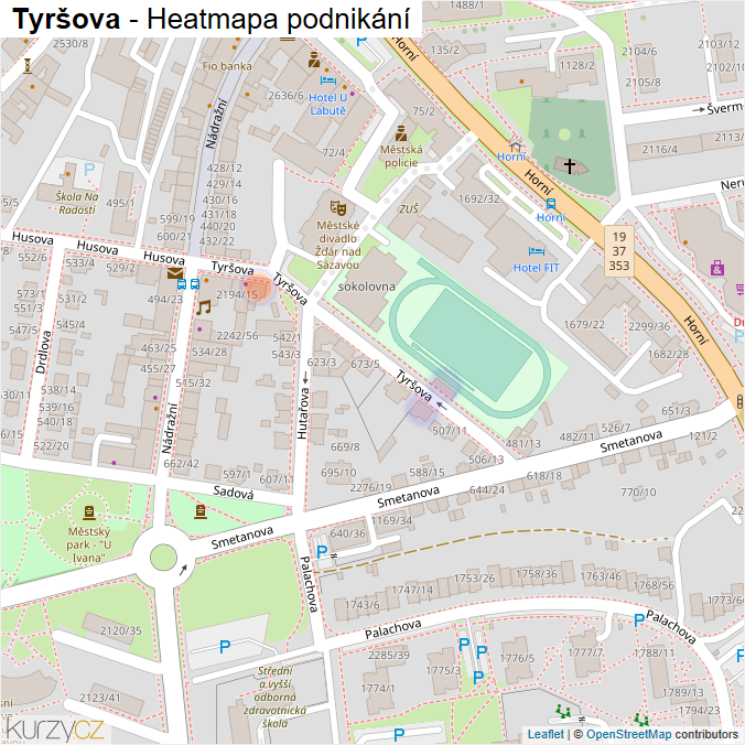 Mapa Tyršova - Firmy v ulici.