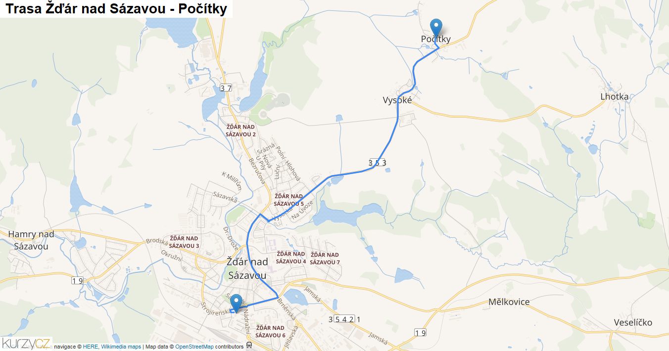 Žďár nad Sázavou-Počítky, mapa trasy