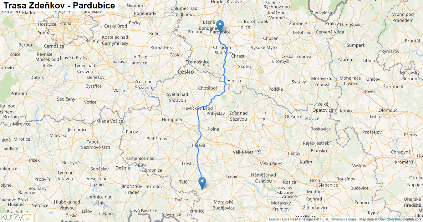 Zdeňkov-Pardubice, mapa trasy