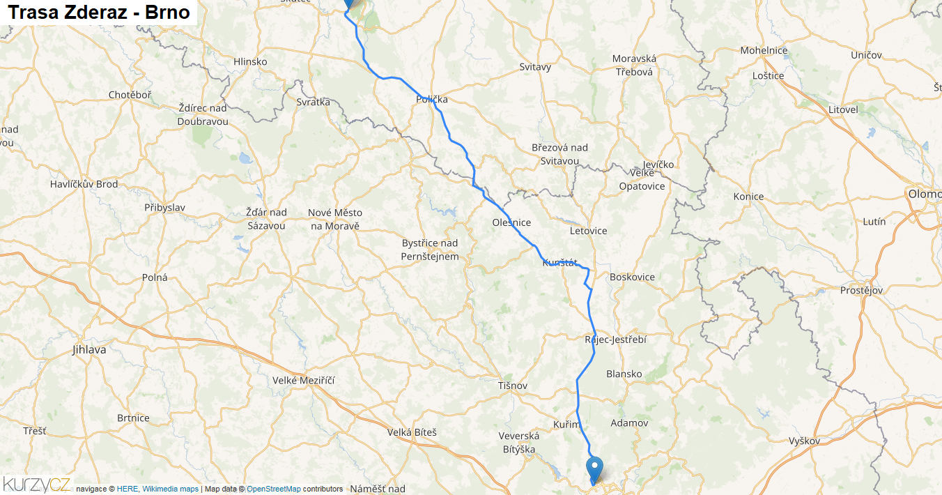 Zderaz-Brno, mapa trasy