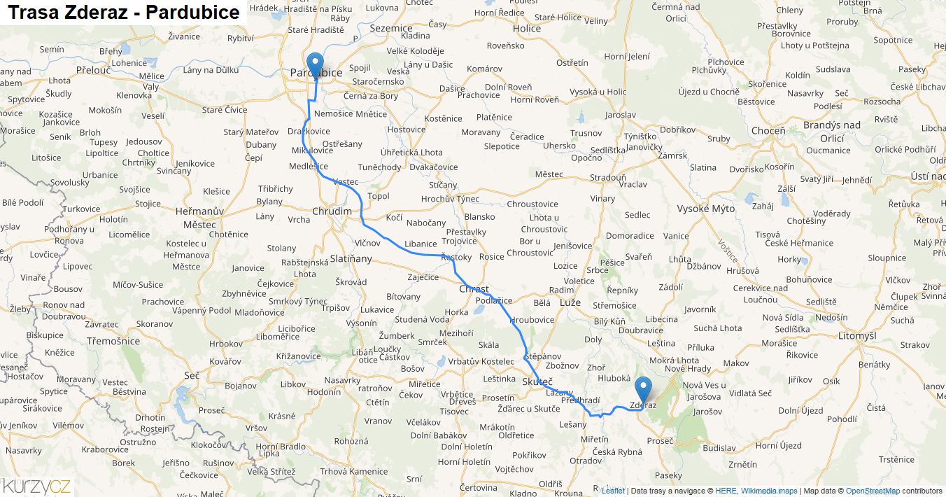 Zderaz-Pardubice, mapa trasy