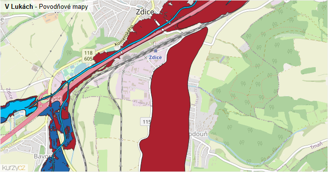 V Lukách - záplavové mapy stoleté vody