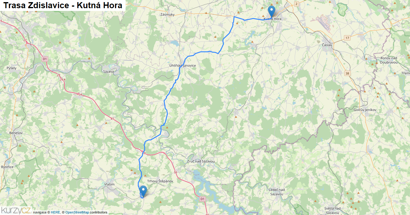 Zdislavice-Kutná Hora, mapa trasy