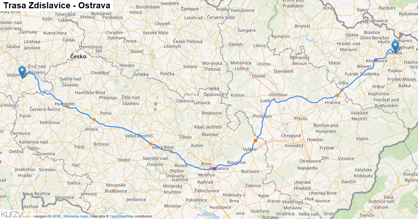 Zdislavice-Ostrava, mapa trasy