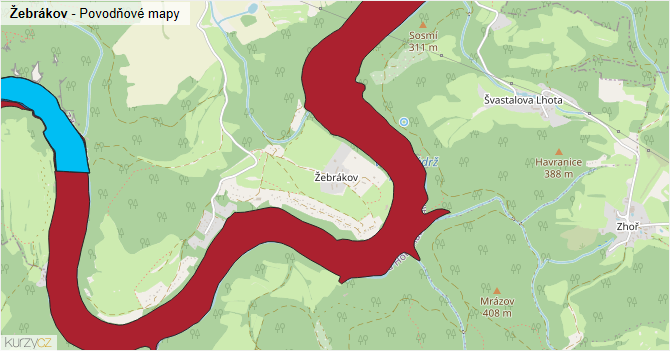 Žebrákov - záplavové mapy stoleté vody