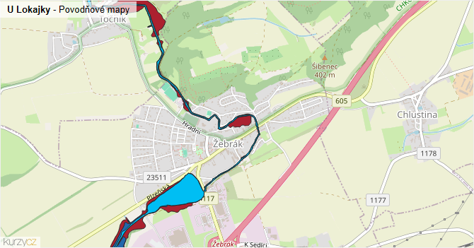 U Lokajky - záplavové mapy stoleté vody