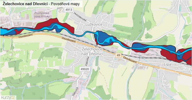 Želechovice nad Dřevnicí - záplavové mapy stoleté vody