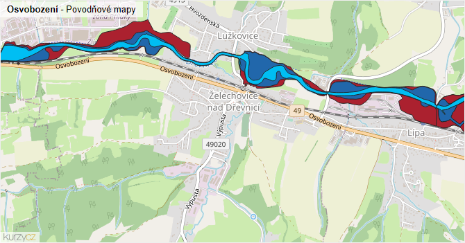 Osvobození - záplavové mapy stoleté vody