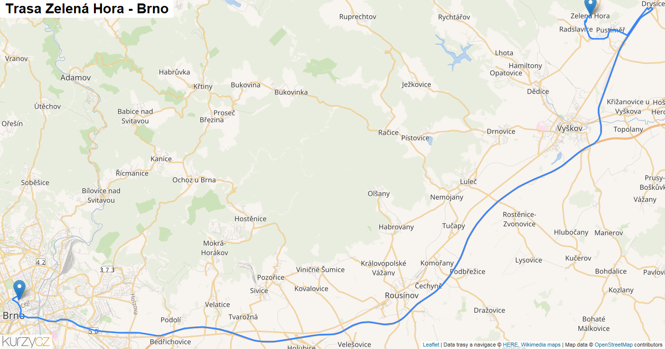 Zelená Hora-Brno, mapa trasy