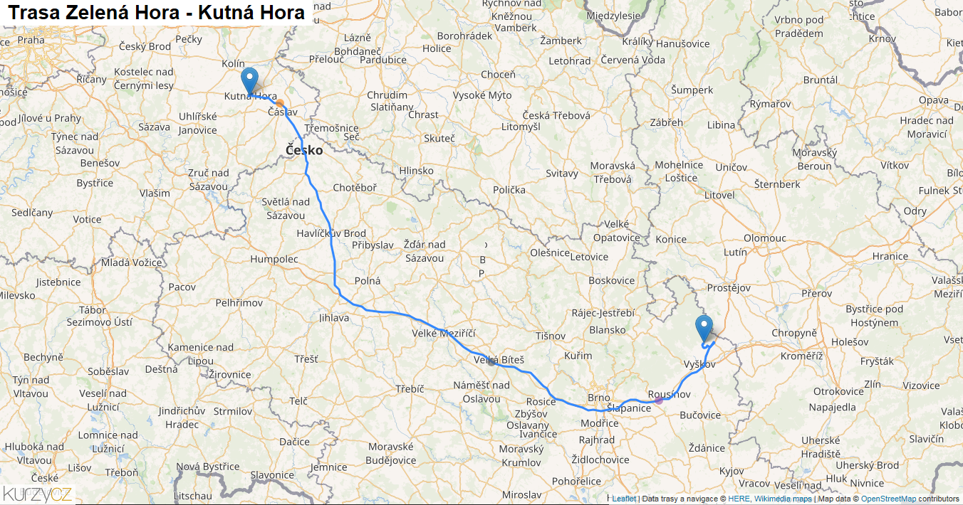 Zelená Hora-Kutná Hora, mapa trasy