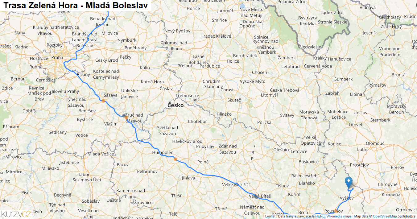 Zelená Hora-Mladá Boleslav, mapa trasy
