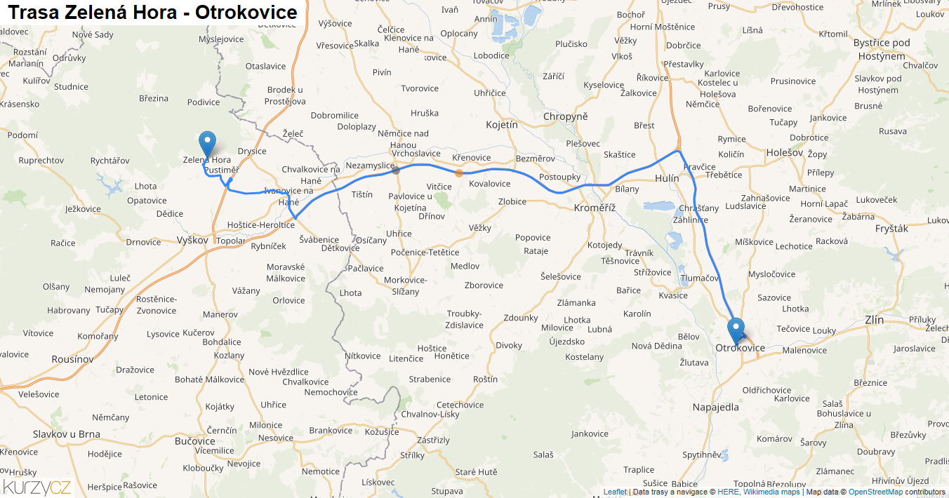 Zelená Hora-Otrokovice, mapa trasy