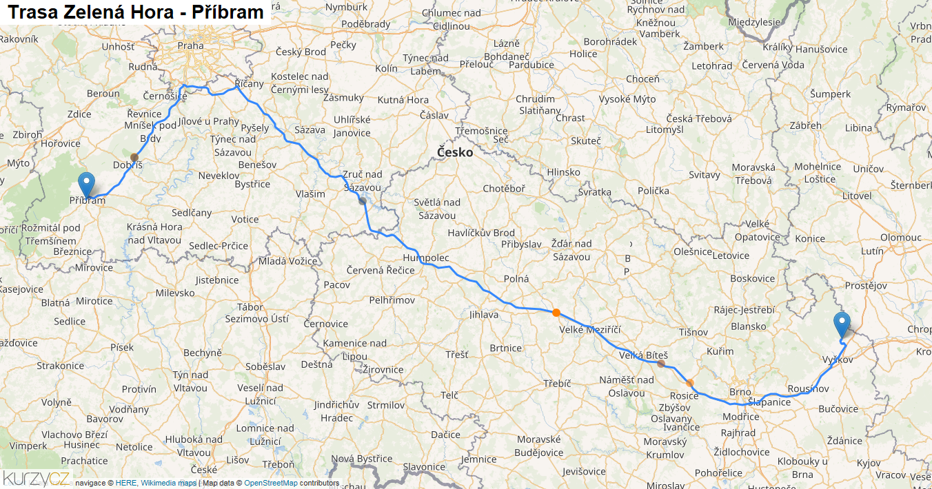 Zelená Hora-Příbram, mapa trasy