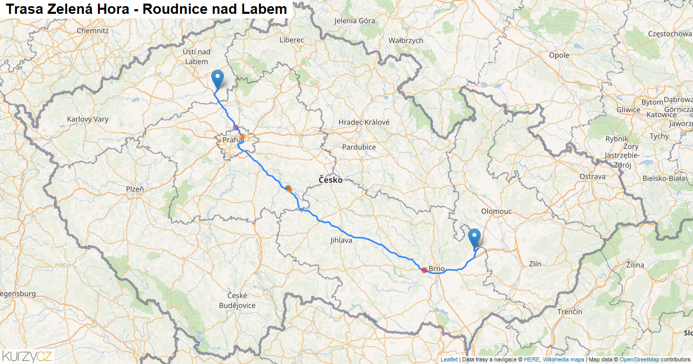 Zelená Hora-Roudnice nad Labem, mapa trasy