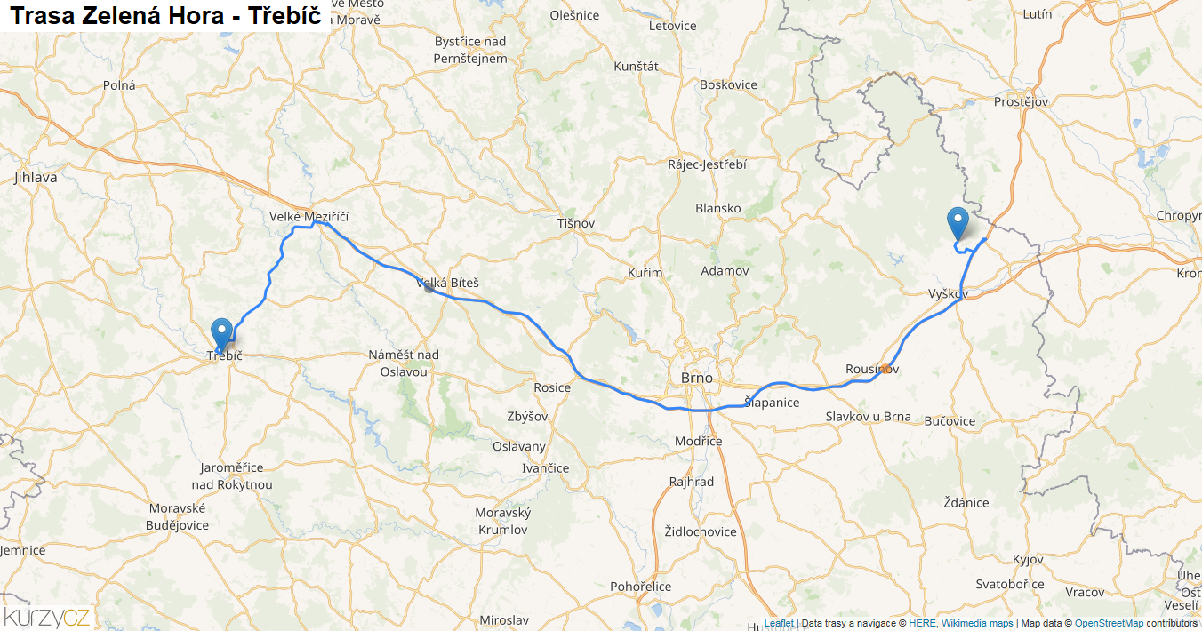 Zelená Hora-Třebíč, mapa trasy