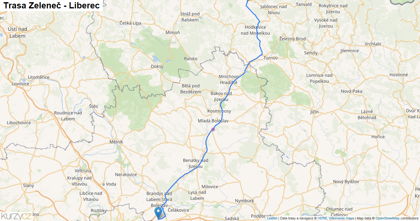 Zeleneč-Liberec, mapa trasy