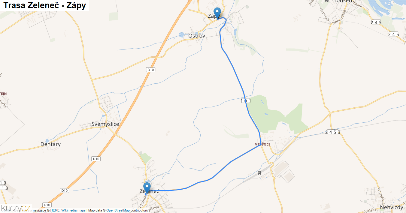 Zeleneč-Zápy, mapa trasy
