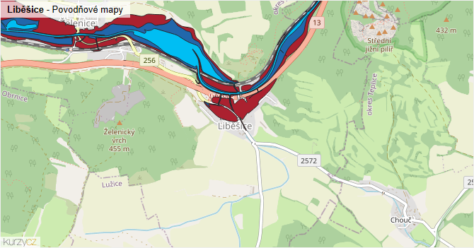 Liběšice - záplavové mapy stoleté vody