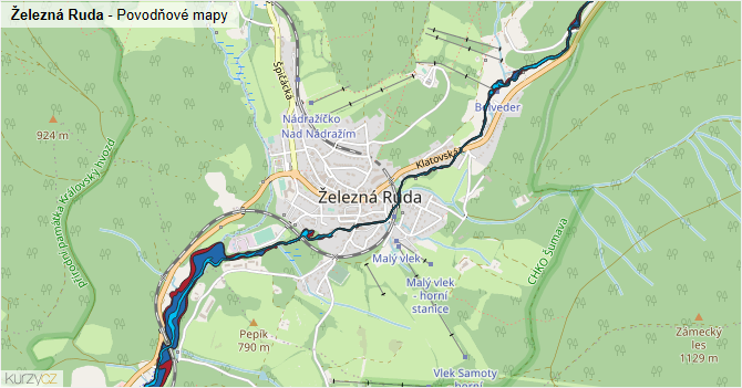 Železná Ruda - záplavové mapy stoleté vody