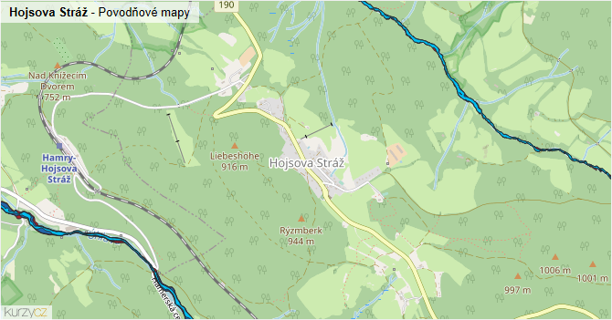 Hojsova Stráž - záplavové mapy stoleté vody