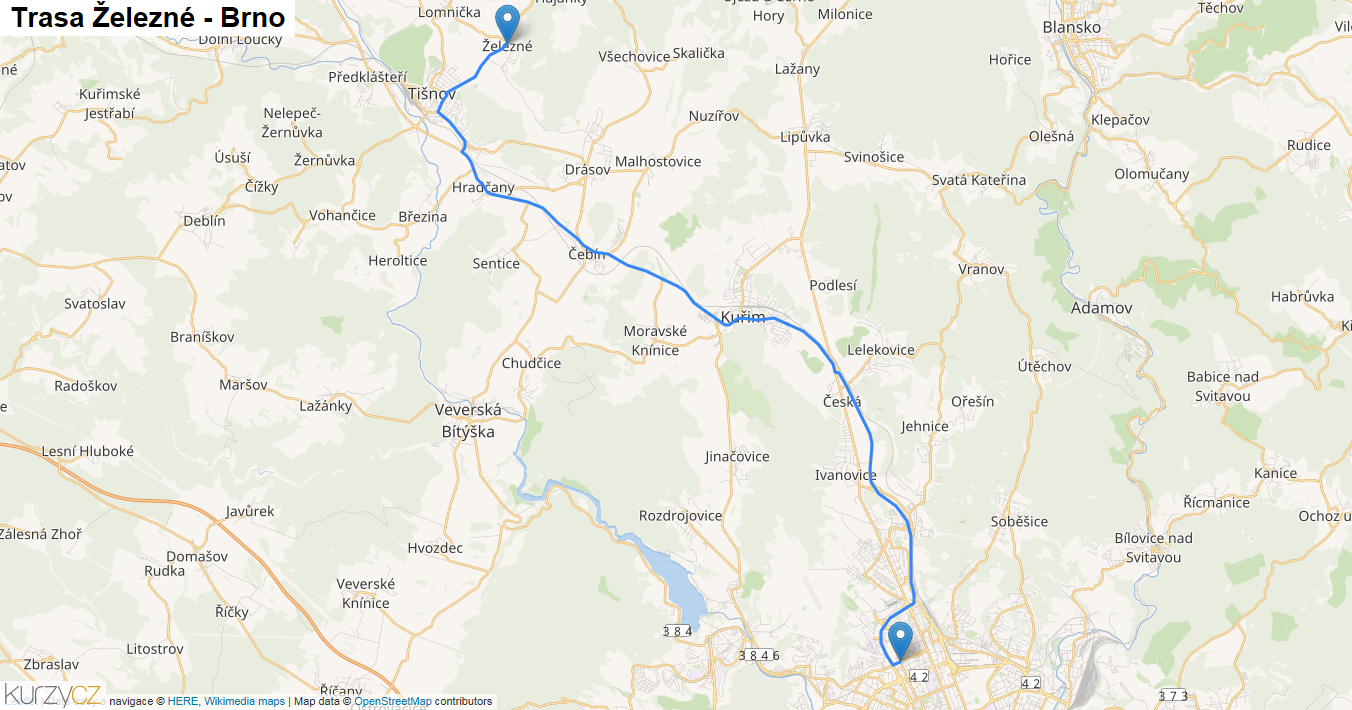 Železné-Brno, mapa trasy
