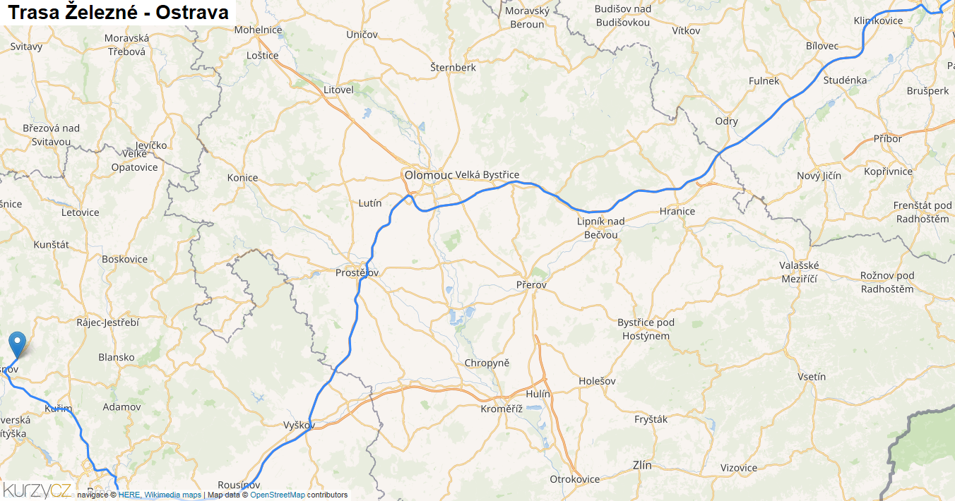 Železné-Ostrava, mapa trasy