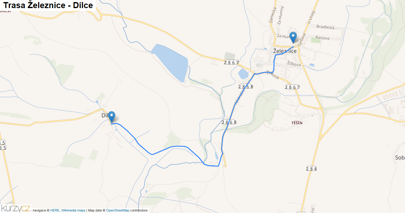 Železnice-Dílce, mapa trasy