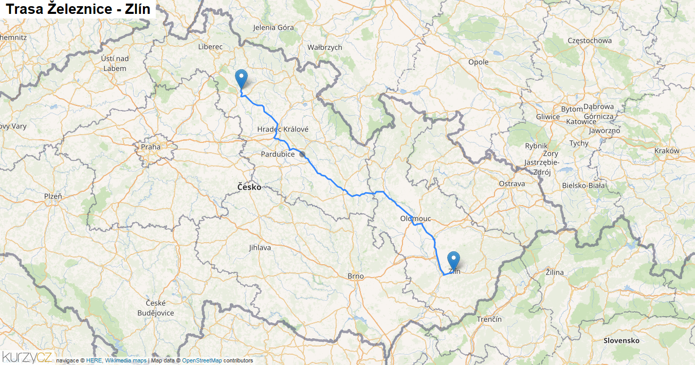 Železnice-Zlín, mapa trasy