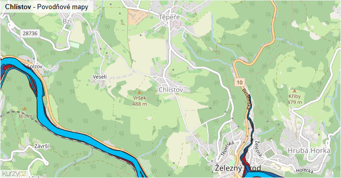 Chlístov - záplavové mapy stoleté vody