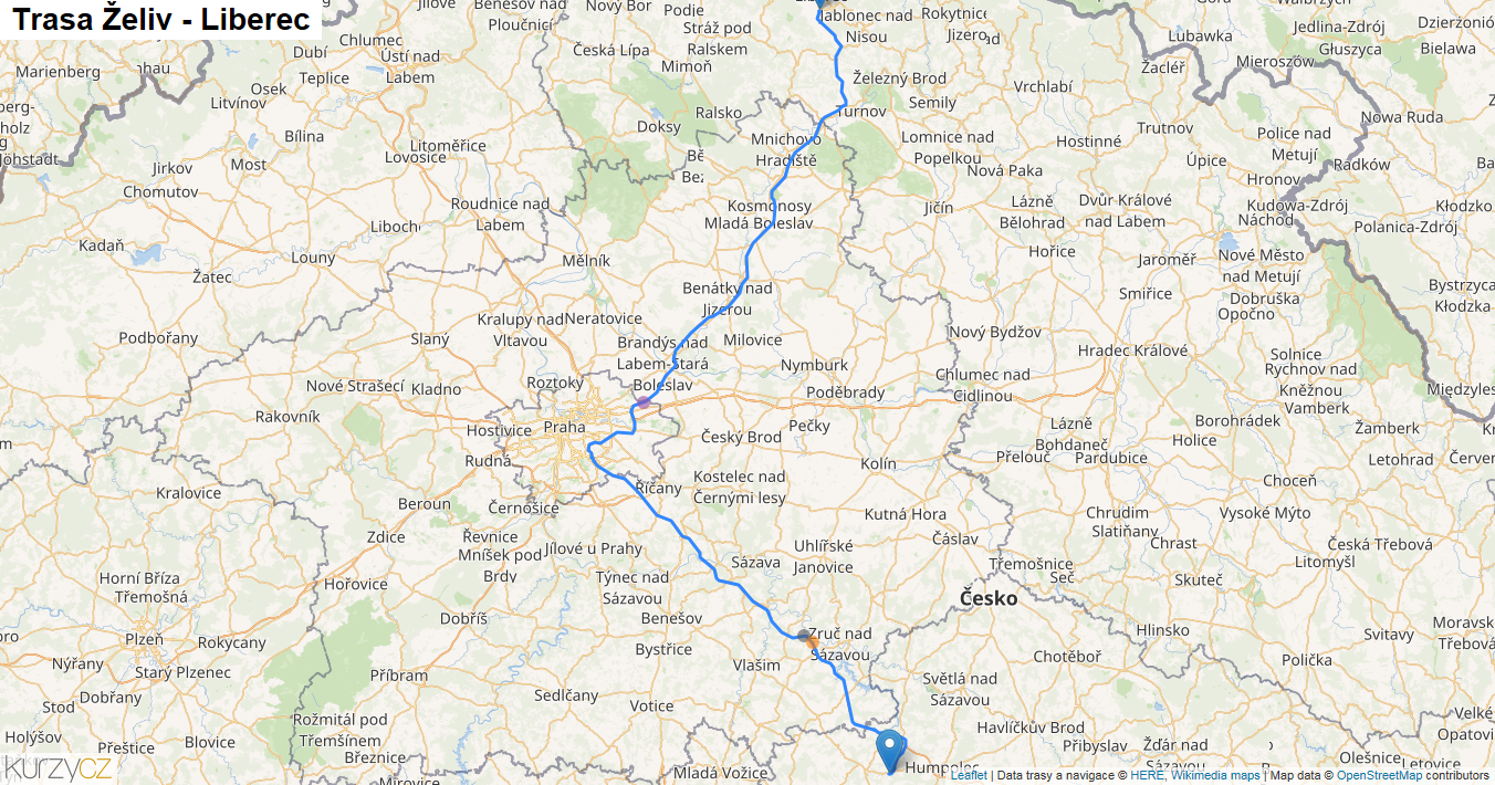Želiv-Liberec, mapa trasy