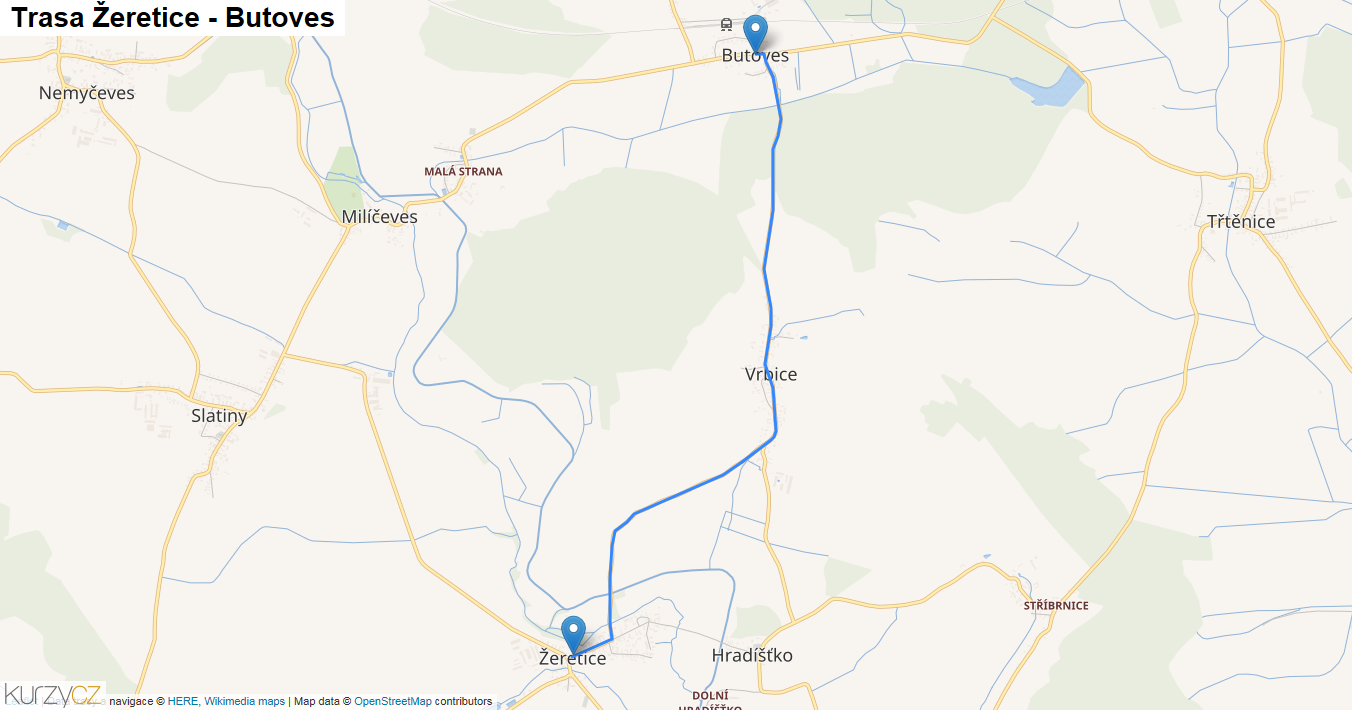 Žeretice-Butoves, mapa trasy