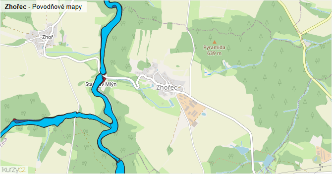 Zhořec - záplavové mapy stoleté vody