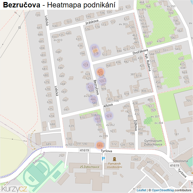 Mapa Bezručova - Firmy v ulici.
