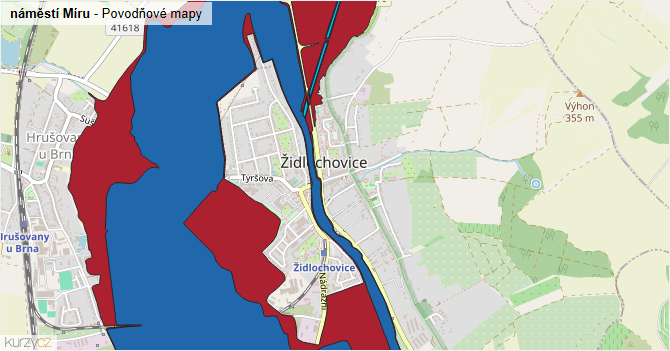 náměstí Míru - záplavové mapy stoleté vody
