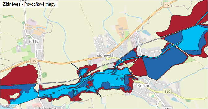 Židněves - záplavové mapy stoleté vody