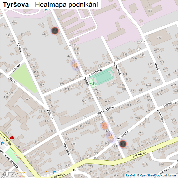 Mapa Tyršova - Firmy v ulici.