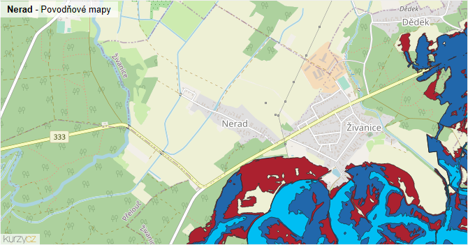 Nerad - záplavové mapy stoleté vody