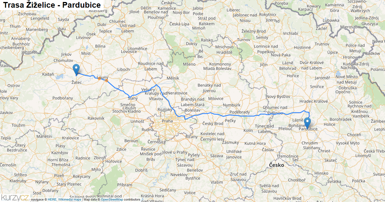 Žiželice-Pardubice, mapa trasy