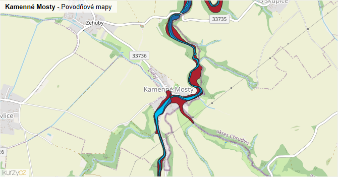 Kamenné Mosty - záplavové mapy stoleté vody