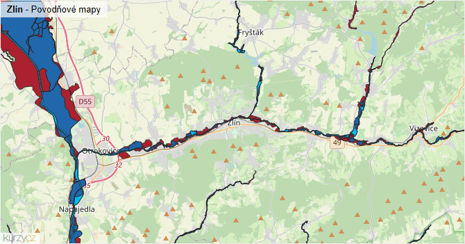 Zlín - záplavové mapy stoleté vody