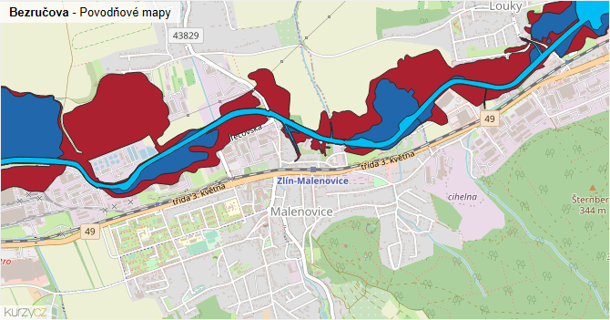 Bezručova - záplavové mapy stoleté vody