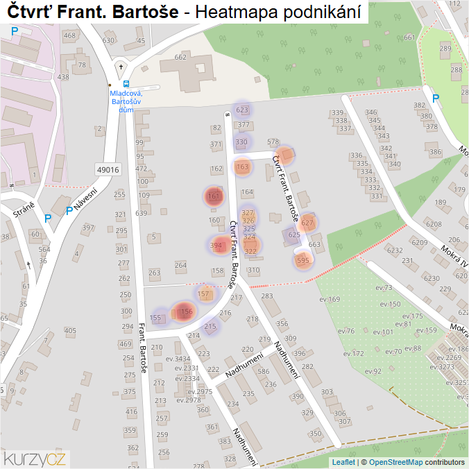 Mapa Čtvrť Frant. Bartoše - Firmy v ulici.