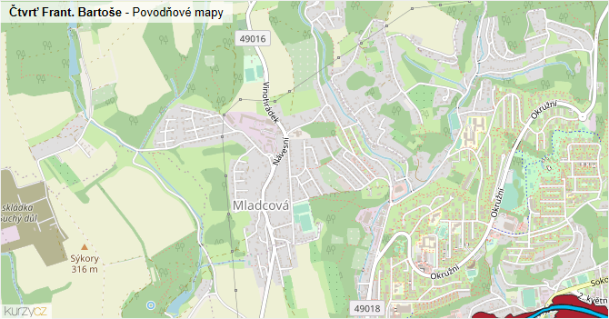 Čtvrť Frant. Bartoše - záplavové mapy stoleté vody