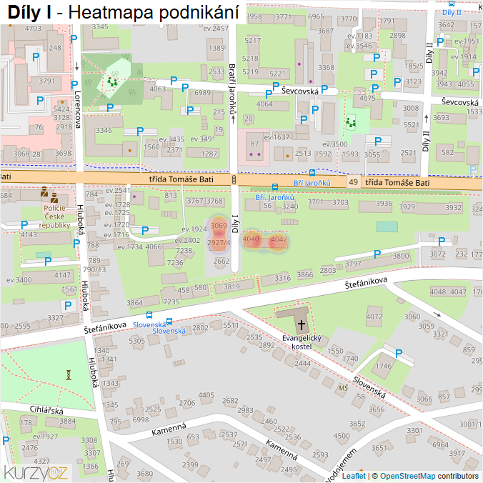 Mapa Díly I - Firmy v ulici.