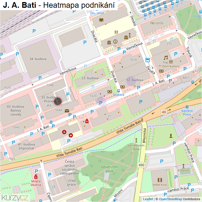 Mapa J. A. Bati - Firmy v ulici.