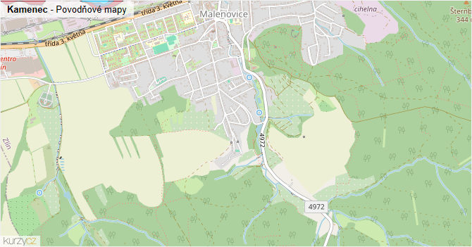Kamenec - záplavové mapy stoleté vody