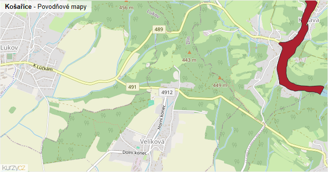 Košařice - záplavové mapy stoleté vody