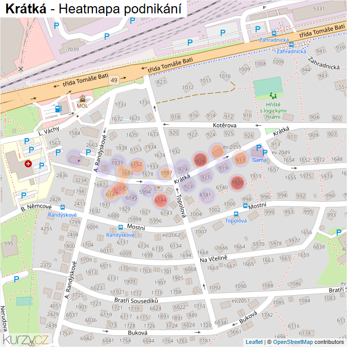 Mapa Krátká - Firmy v ulici.