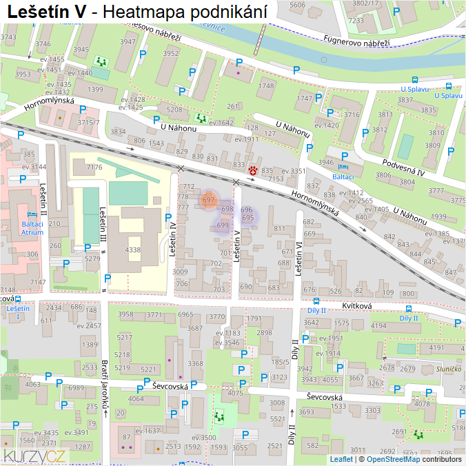 Mapa Lešetín V - Firmy v ulici.